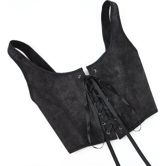 Women Black Renaissance Lace Up Tank Bustier Corset Top Vintage Square Neck - Picture 3 of 8